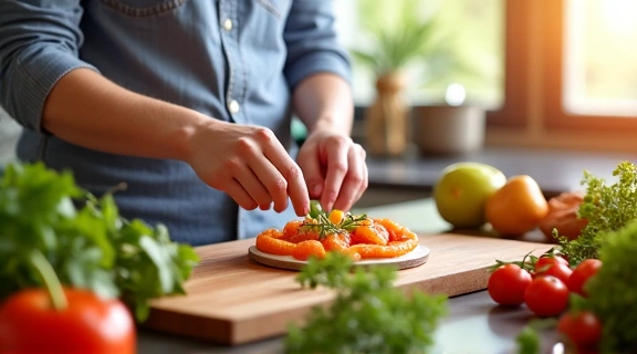 Osoba przygotowująca posiłek w kuchni, z dużą ilością świeżych składników.