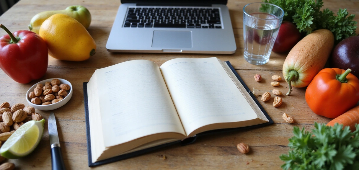 Otwarta książka i laptop ze zdrową żywnością, symbolizujące wiedzę i naukę.