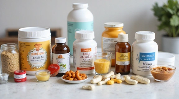 Różne rodzaje suplementów diety na stole, symbolizujące wsparcie zdrowia.