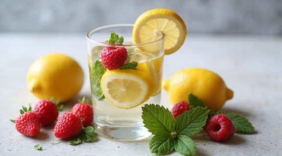 Szklanka wody z cytryną i świeże owoce, symbolizujące nawodnienie i detoks.