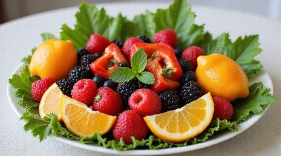 Talerz pełen świeżych owoców i warzyw, symbolizujący zdrowe odżywianie.