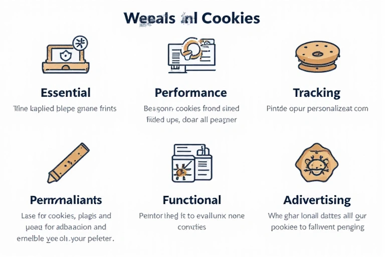 Diagram przedstawiający różne typy plików cookie i ich zastosowania na stronie internetowej, z ikonami reprezentującymi funkcje.