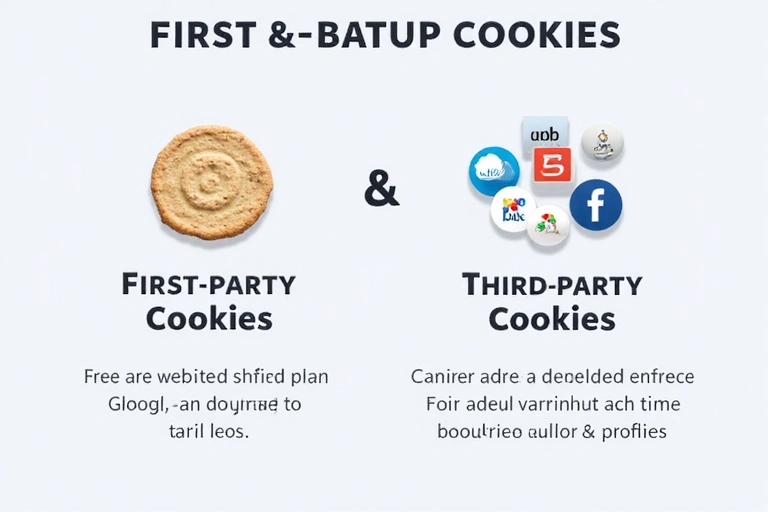Ilustracja przedstawiająca pliki cookie pierwszej i trzeciej strony, z różnymi ikonami dostawców usług, takimi jak Google i ikony mediów społecznościowych.