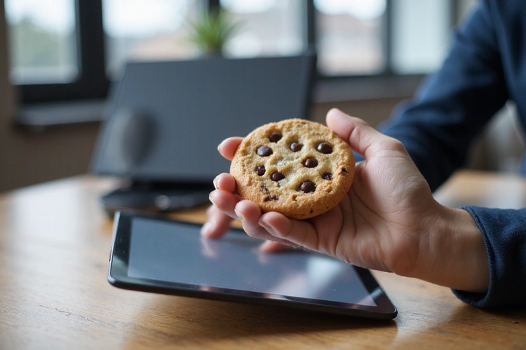 Ręka trzymająca ciasteczko z symbolem cookie na ekranie tabletu, w tle rozmazane biuro.