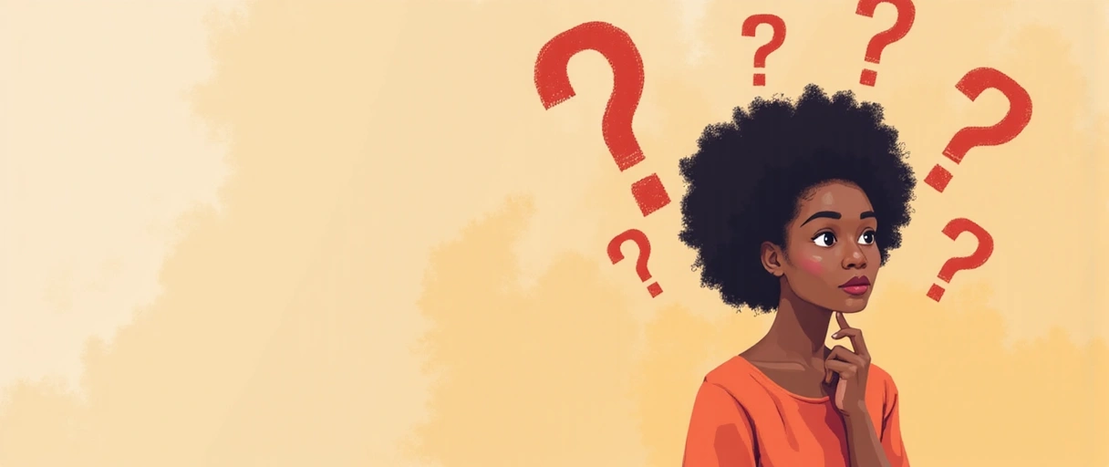 Osoba zastanawiająca się ze znakami zapytania, symbolizująca poszukiwanie odpowiedzi
